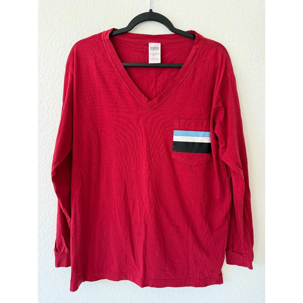 PINK Victoria’s Secret 100% Cotton V-Neck Pocket Tee Large Red LOVE PINK Sleeve